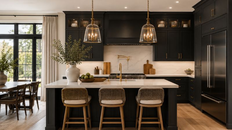 Kitchen featuring charcoal cabinets and white quartz countertops