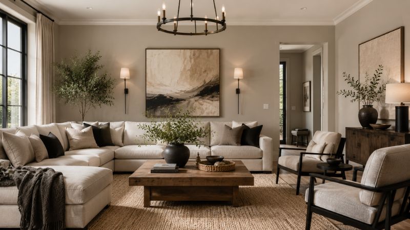 Greige wall interior with modern furniture and neutral décor