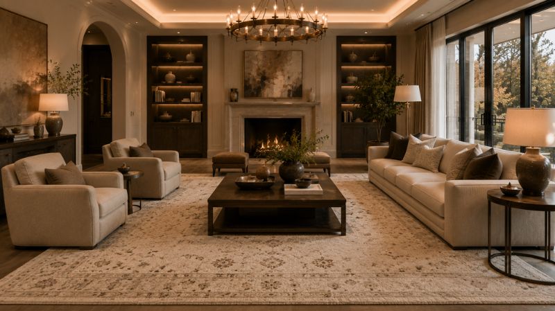 Elegant luxury living room with a large wool area rug