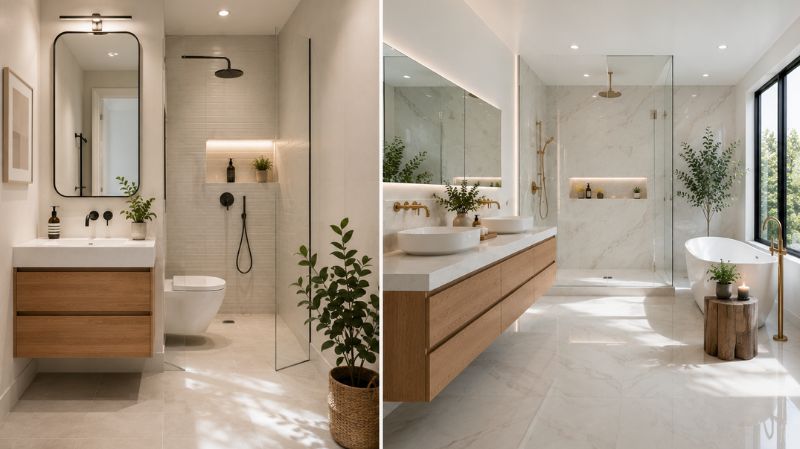 Comparison of small and spacious modern bathrooms