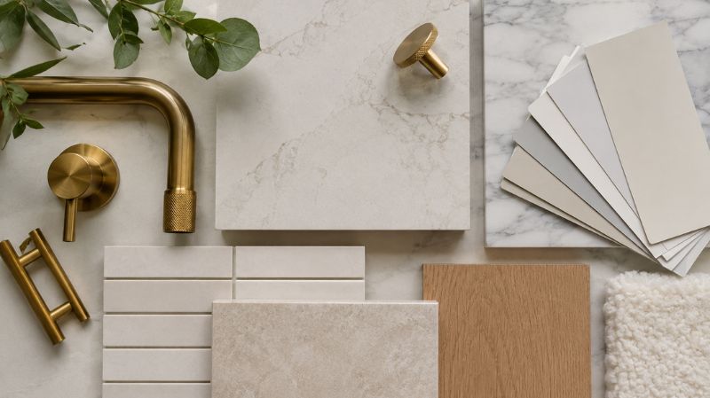 Bathroom countertop and tile material samples