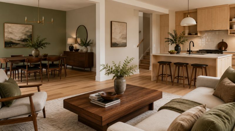 Wood furniture paired with neutral wall colors in modern home