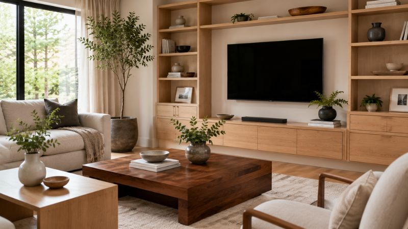 Living room furnished with oak walnut maple and ash wood furniture