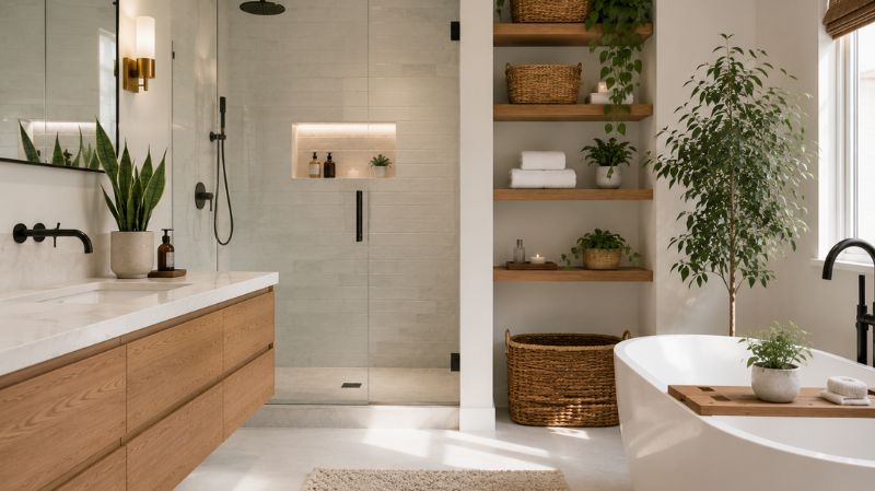 Modern bathroom decorated with indoor plants