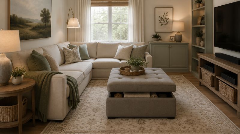 Small living room with large area rug and multifunctional furniture