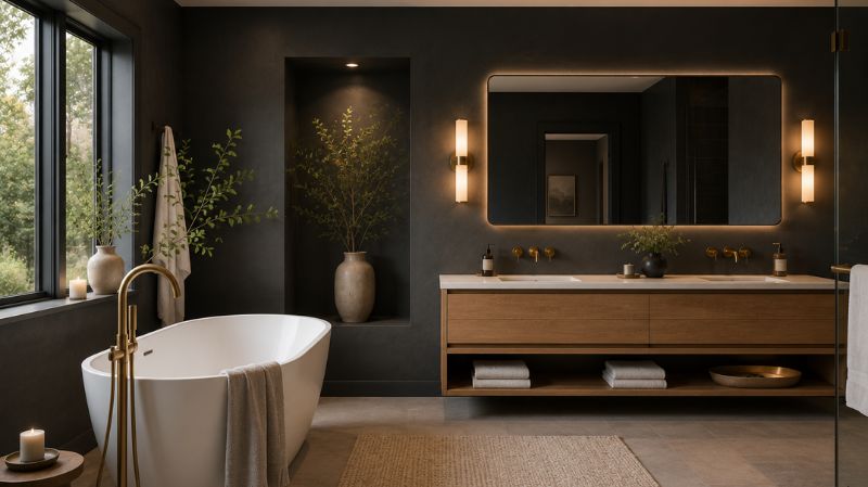 Modern bathroom with charcoal walls and white freestanding tub