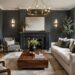 Charcoal color used on modern living room walls with white trim and natural wood furniture