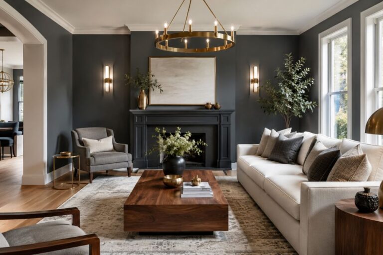 Charcoal color used on modern living room walls with white trim and natural wood furniture