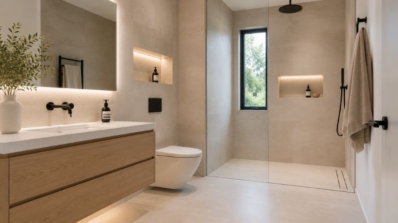 Large format porcelain tiles in a small bathroom.
