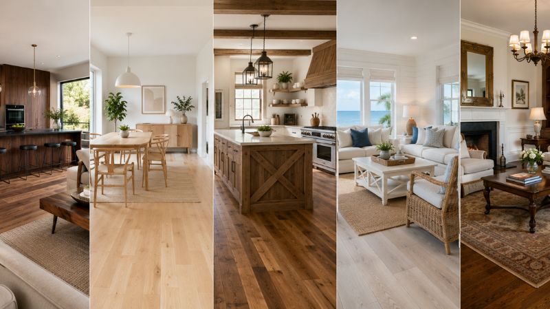 Modern Scandinavian farmhouse coastal and traditional interiors with different wood types