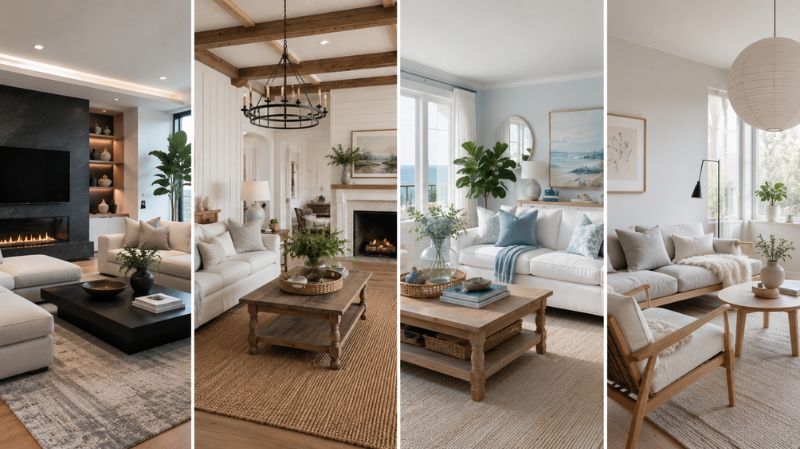 Comparison of modern, farmhouse, coastal, and Scandinavian living room styles