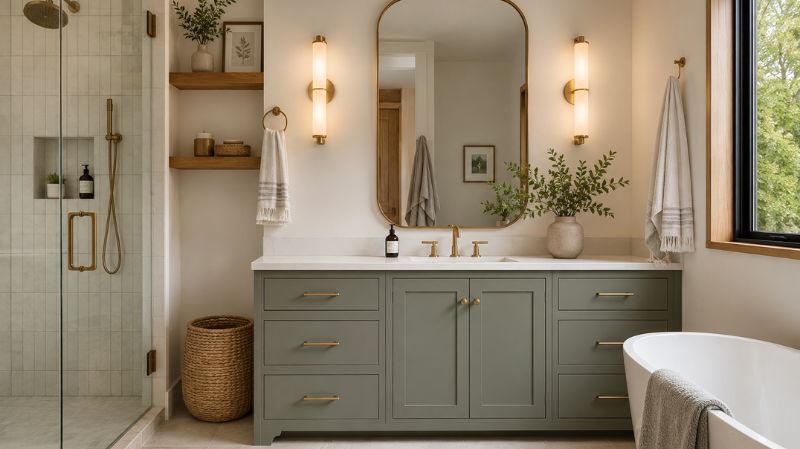 Sage green and brass bathroom accents.