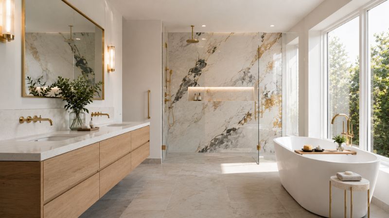 Modern bathroom feature wall with marble tile