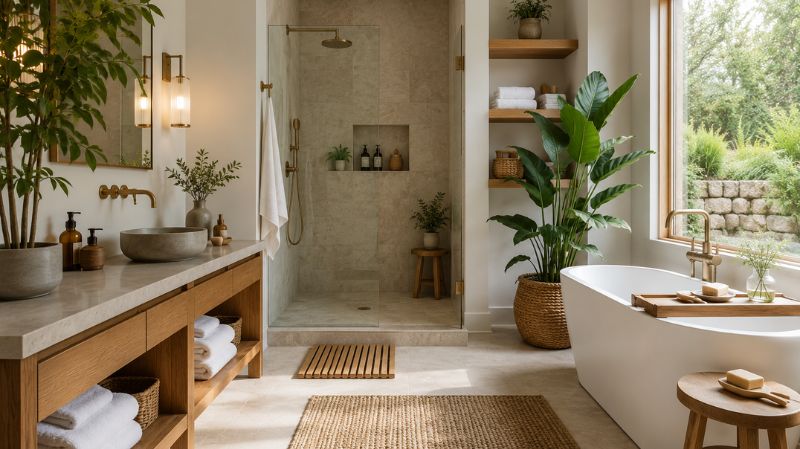 Spa bathroom with indoor plants.
