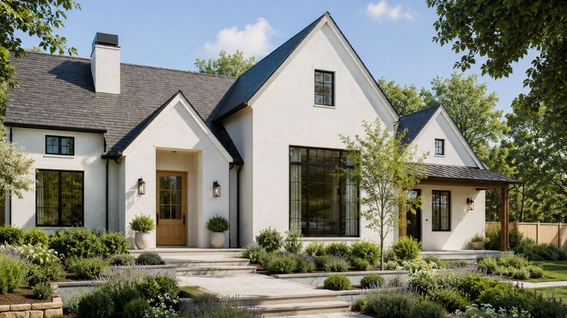 Modern farmhouse exterior painted Sherwin Williams Shoji White