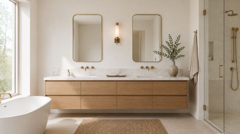 Shoji White bathroom with brass fixtures
