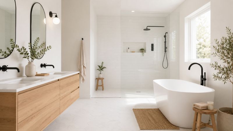 Minimalist white bathroom with floating oak vanity