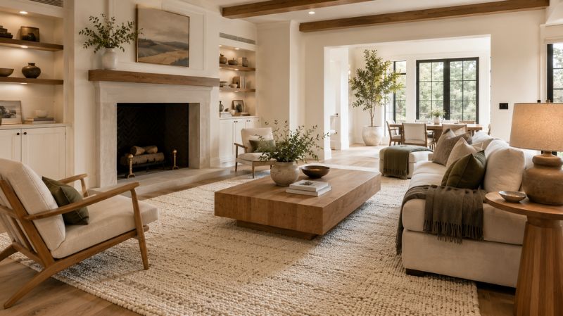 Hand-knotted wool rug in a luxury living room