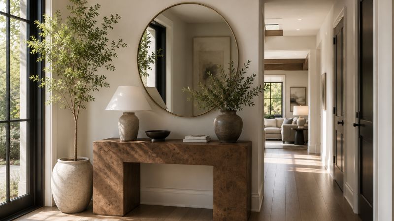 Large decorative mirror reflecting natural light inside a modern home