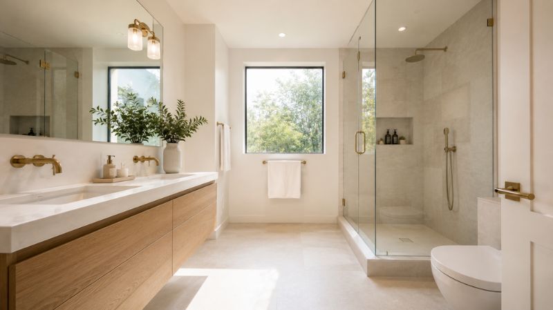 Light paint colors and mirrors making a small bathroom feel larger.