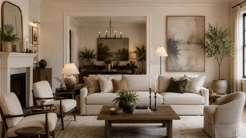 Elegant living room featuring timeless decor and layered lighting