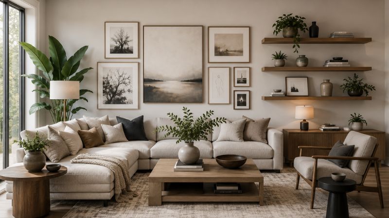 Modern living room with gallery wall and floating shelves