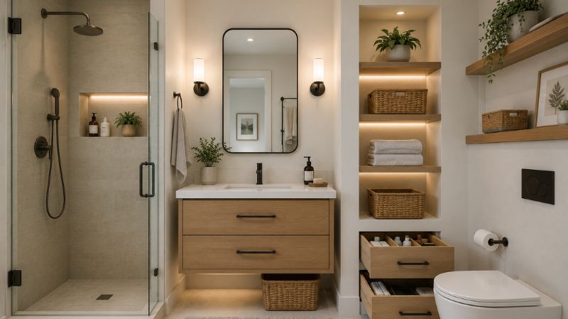 Organized bathroom storage solutions.