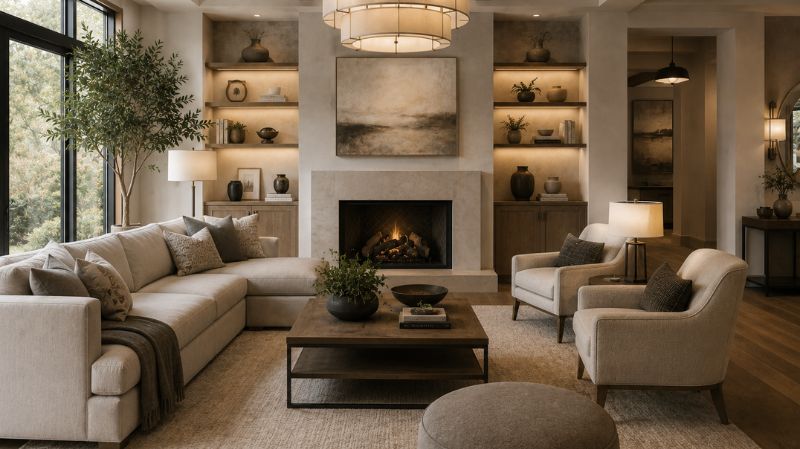 Designer styled luxury living room following professional interior design principles