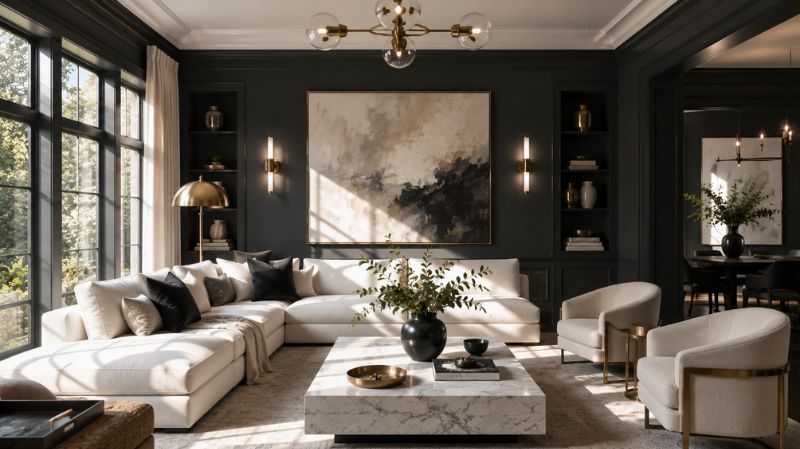 Modern living room decorated with charcoal walls and white furniture