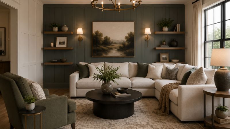 Living room featuring board and batten walls and decorative shelves