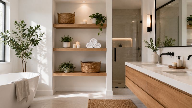 Floating wooden shelves above toilet with towels and plants