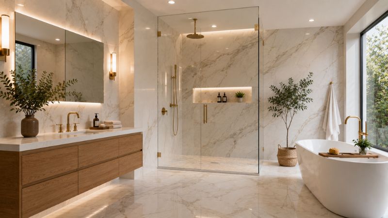 Luxury bathroom with large format marble tiles