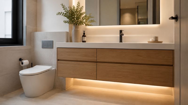 Floating vanity in a modern small bathroom.