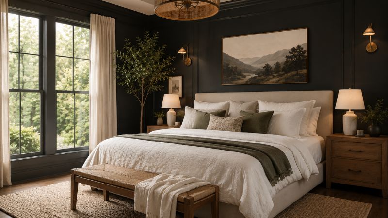 Cozy charcoal bedroom with white bedding and wood furniture