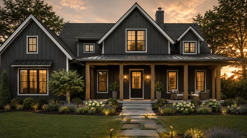 Modern farmhouse exterior painted charcoal with white trim
