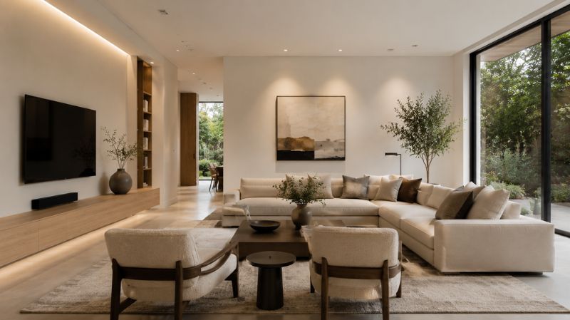 Modern minimalist living room with neutral colors and clean design