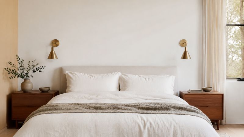 Warm neutral bedroom painted in Shoji White