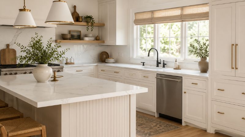 Shoji White kitchen cabinets with brass hardware