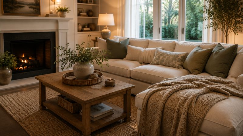 Living room decorated with pillows, throws, and layered textiles