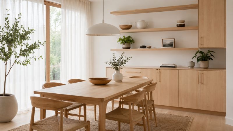 Maple wood cabinets and dining table in Scandinavian interior