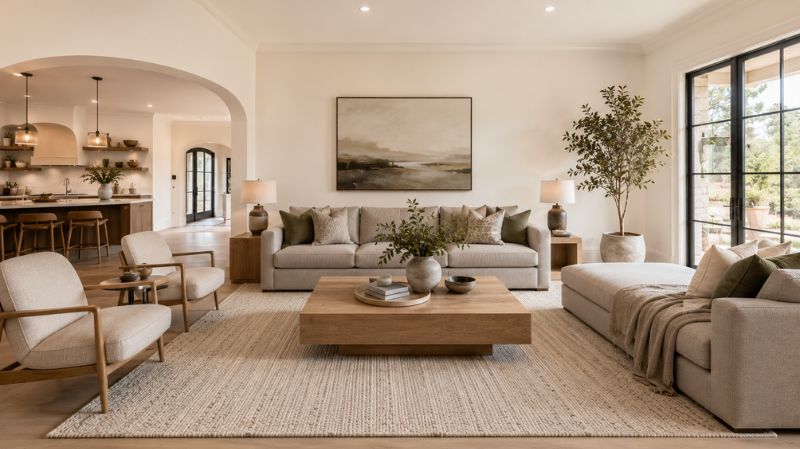 Neutral luxury rug paired with soft white walls and oak furniture