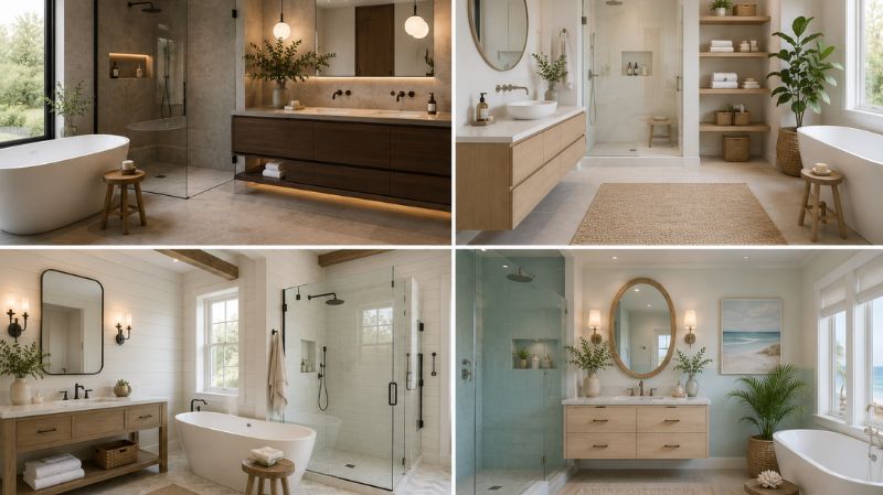 Modern, farmhouse, coastal and Scandinavian bathroom styles.