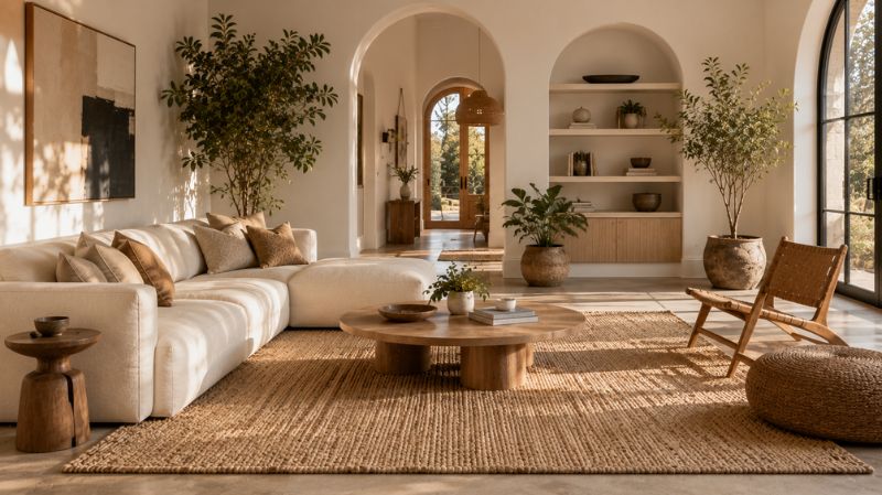Natural jute rug in an organic modern living room
