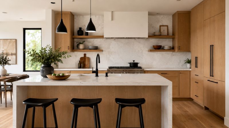 Oak hardwood flooring and oak kitchen cabinets in modern home