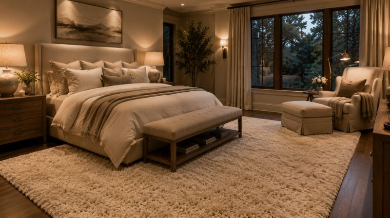 Plush shag rug in a cozy luxury bedroom