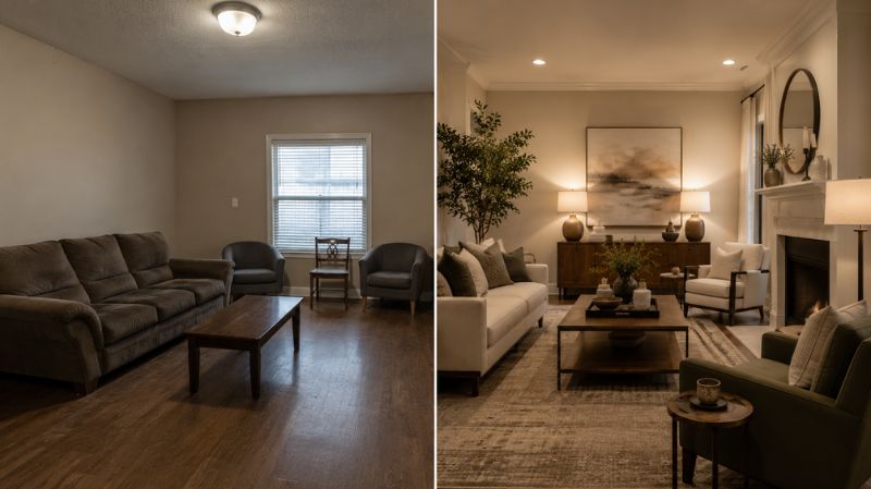 Before and after interior transformation showing ordinary room versus professionally designed room