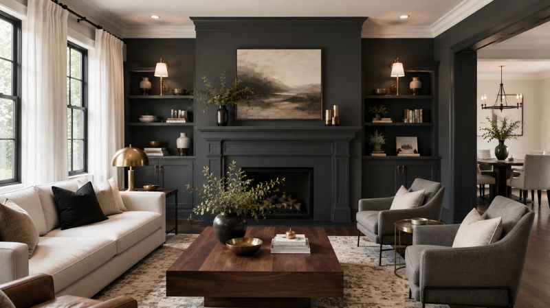 Charcoal fireplace accent wall in renovated living room