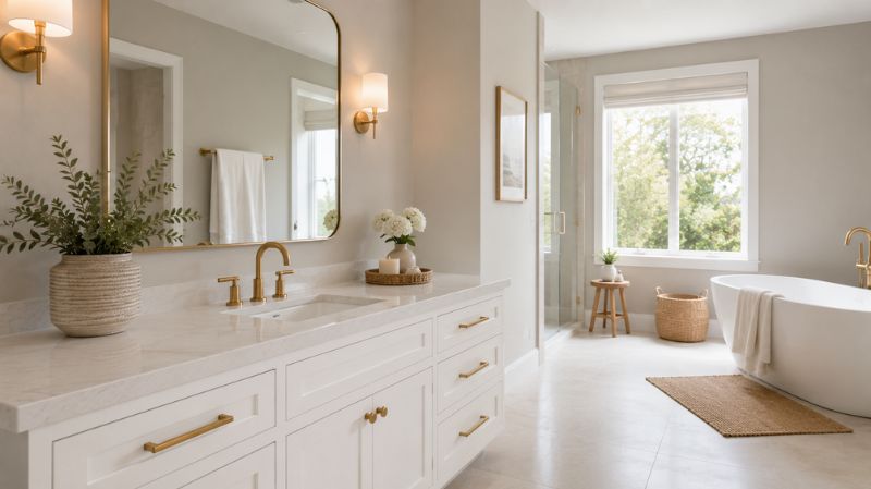Bathroom painted in soft greige with white vanity