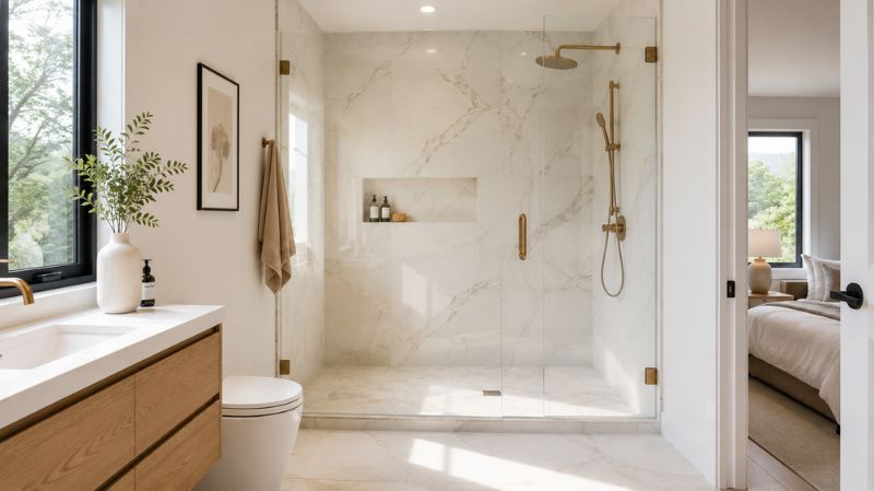 Frameless glass shower in compact bathroom.