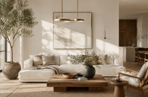 Sherwin Williams Shoji White painted living room with warm neutral décor